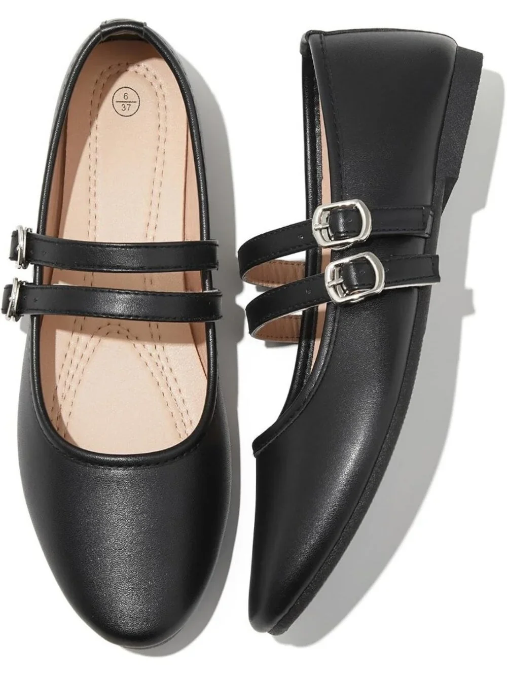 Women's Black Faux Leather Round Toe Adjustable Buckle Strap Flats Slip On Shoes